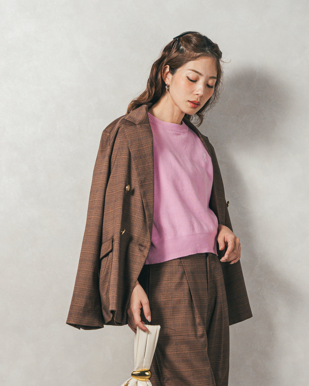 ［SET］スウェットライクロゴ刺繍ニット+Effortless チェックジャケット+Effortless チェックタックパンツ（3SET）