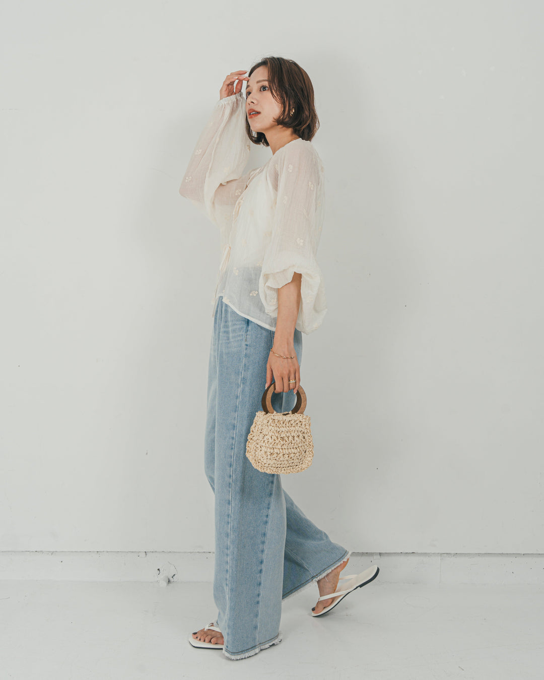 ［SET］フロントリボン刺繍 Veilブラウス + 10oz ニュアンスバイカラー リラックスワイドデニム（2SET）