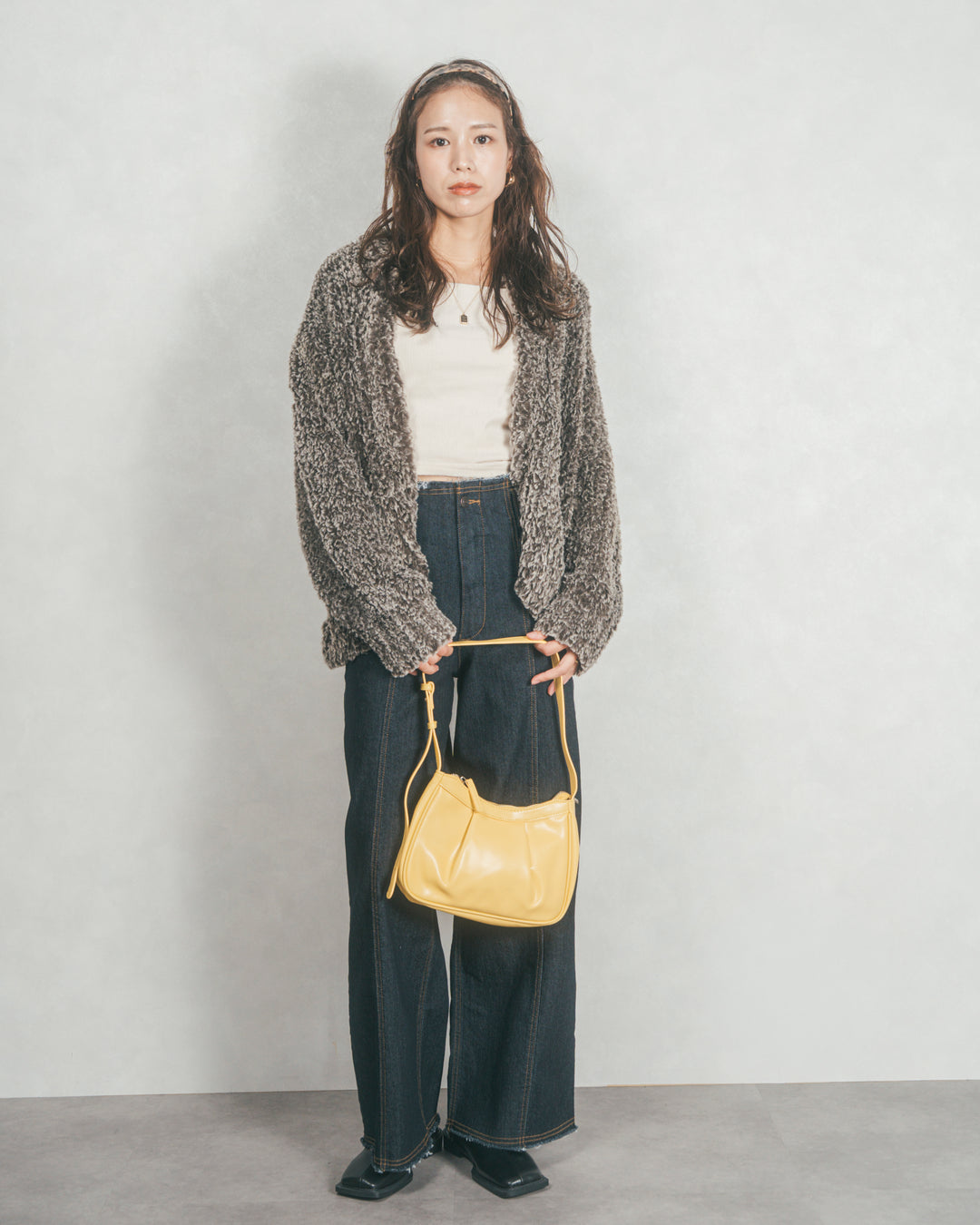 ［SET］ファーニットLuxeカーデコート+センターシーム リラックスワイドデニム（2SET）