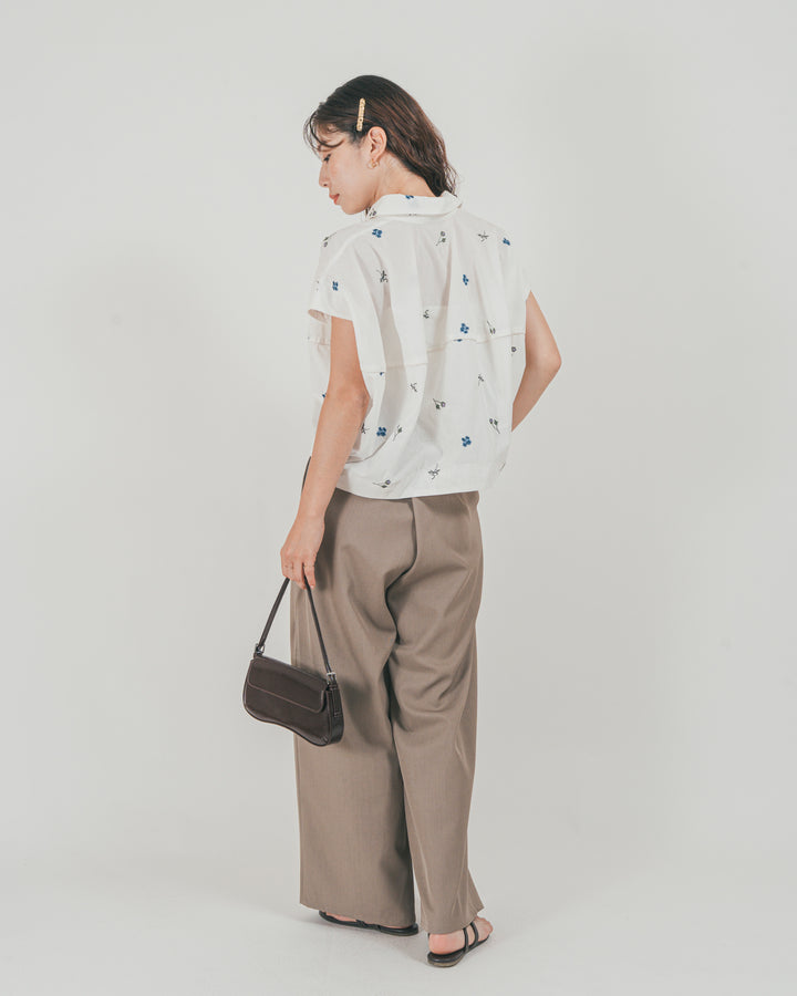 ［SET］Flower刺繍コクーンシャツ + ダブルタック ハイウエストワイドパンツ（2SET）