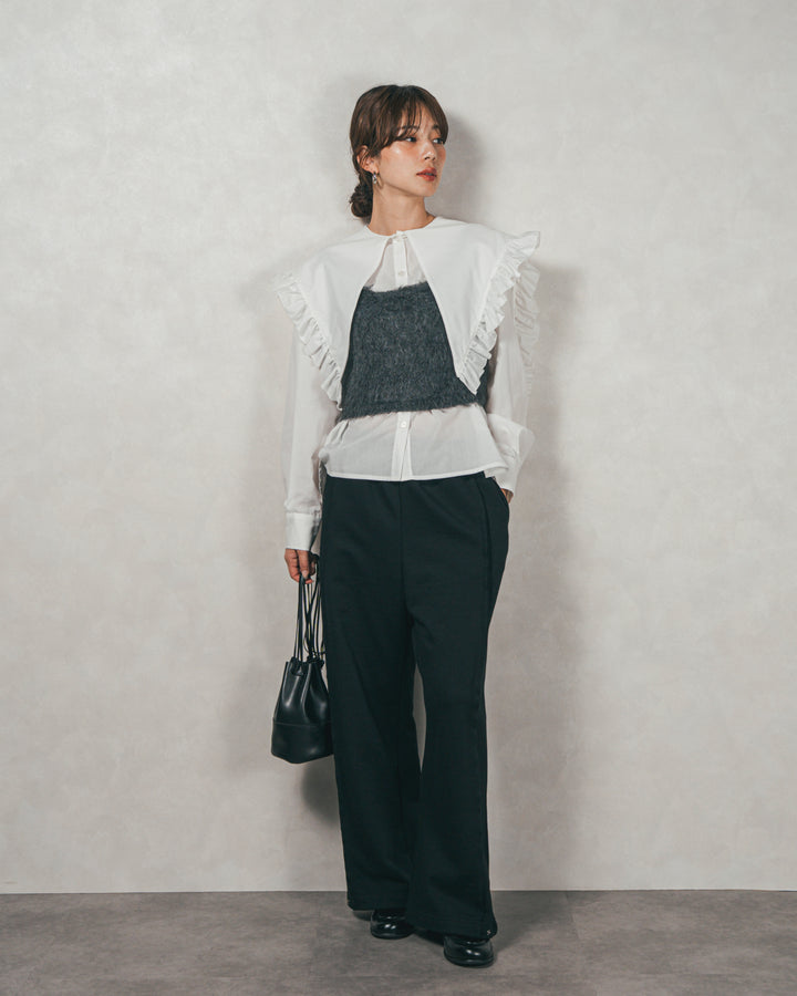 ［SET］2WAYビッグフリルカラーブラウス+モヘアタッチKnitビスチェ+2-Way ウェーブデザインスウェットパンツ（3SET）