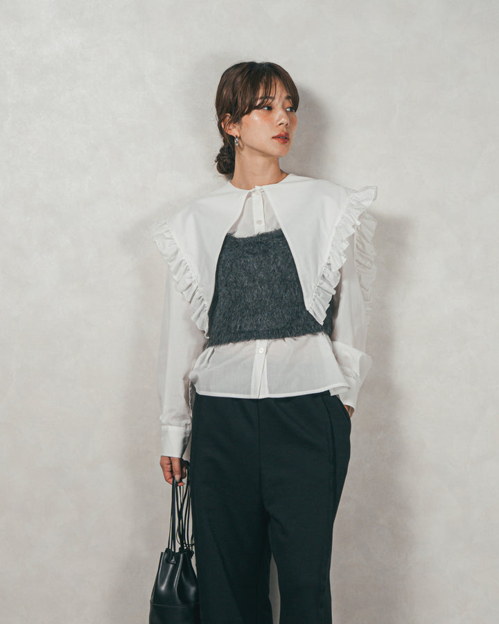 ［SET］2WAYビッグフリルカラーブラウス+モヘアタッチKnitビスチェ+2-Way ウェーブデザインスウェットパンツ（3SET）