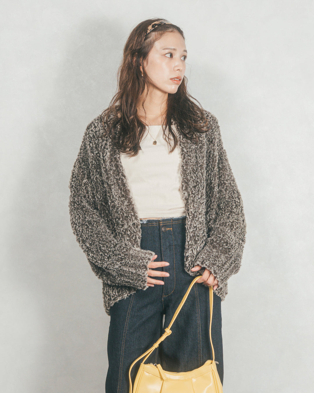 ［SET］ファーニットLuxeカーデコート+センターシーム リラックスワイドデニム（2SET）