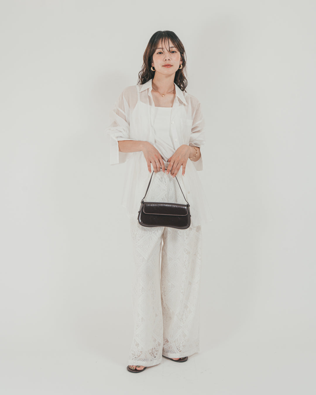 ［SET］Clear Sheer オーバーシャツ + Blockレース　ストレートパンツ（2SET）