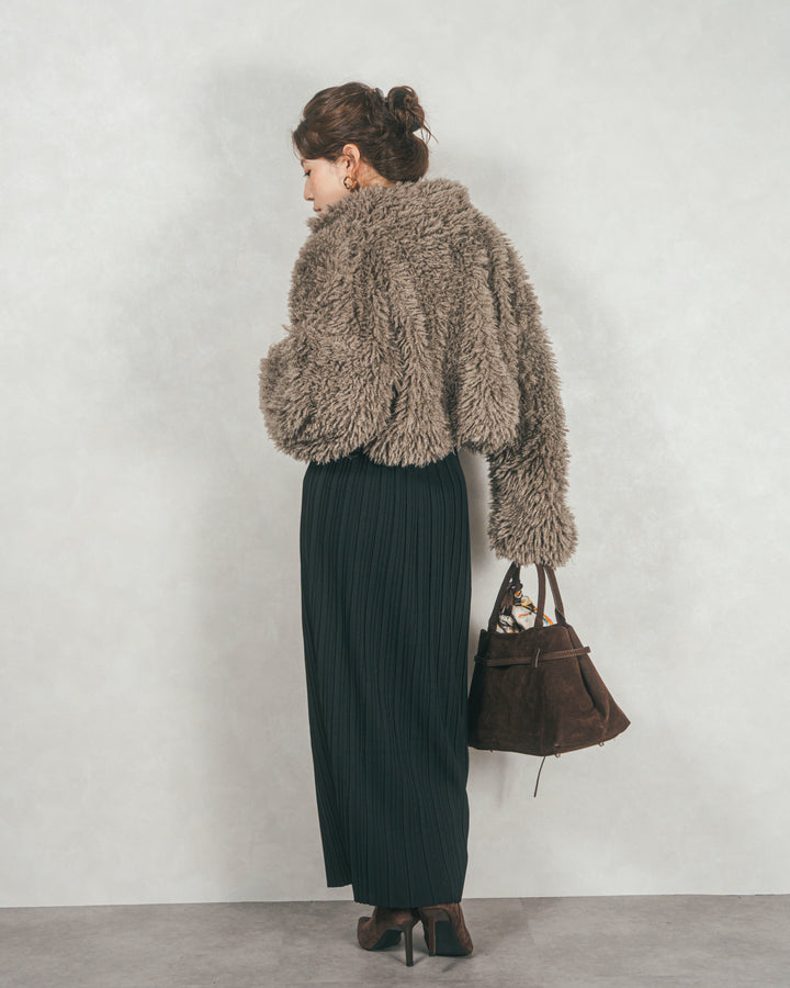 ［SET］プードルボアZipショートコート+プリーツNarrowロングスカート（2SET）