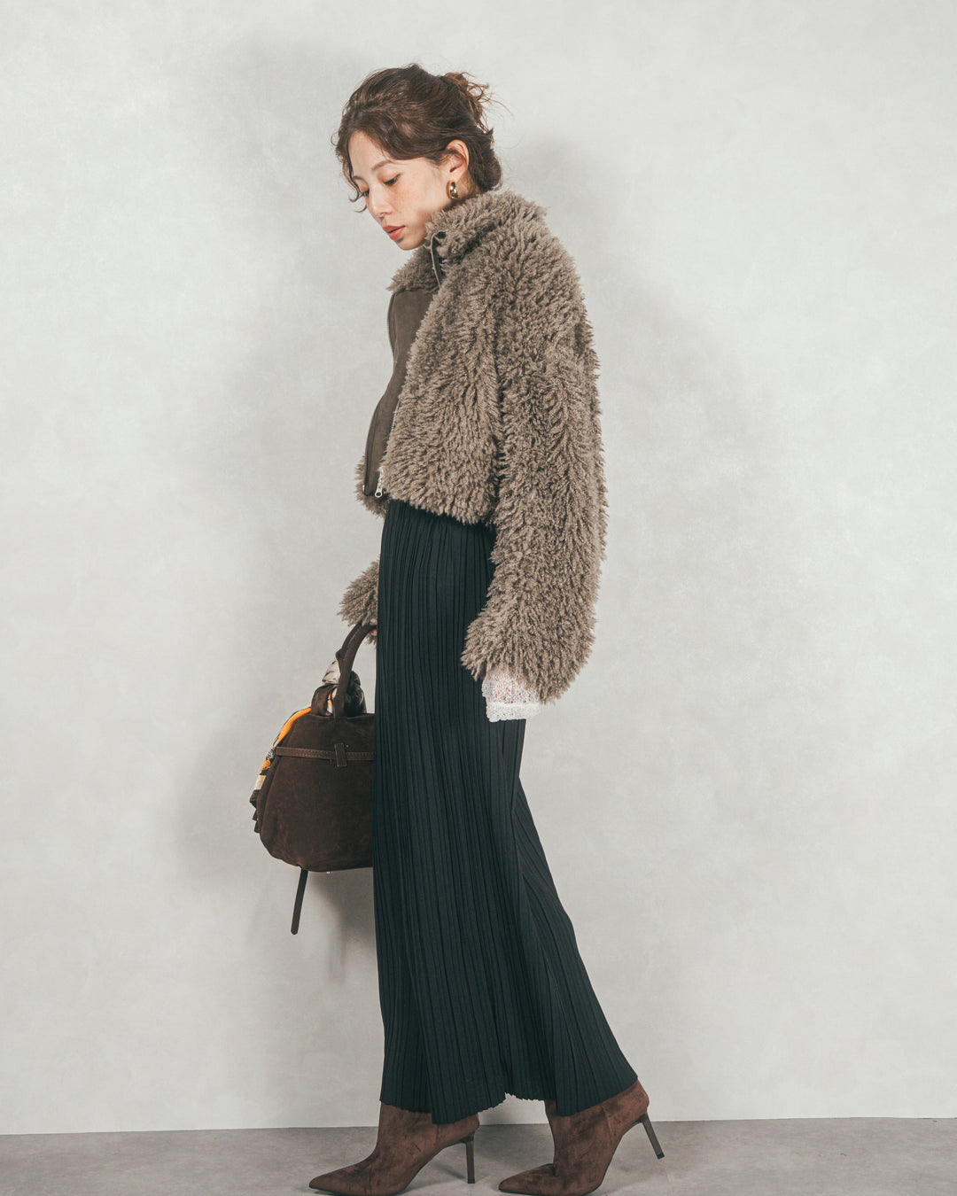 ［SET］プードルボアZipショートコート+プリーツNarrowロングスカート（2SET）