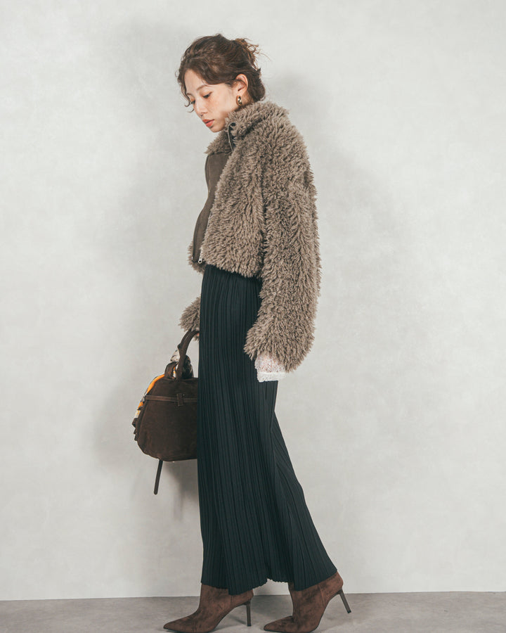 ［SET］プードルボアZipショートコート+プリーツNarrowロングスカート（2SET）