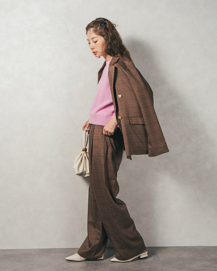 ［SET］スウェットライクロゴ刺繍ニット+Effortless チェックジャケット+Effortless チェックタックパンツ（3SET）