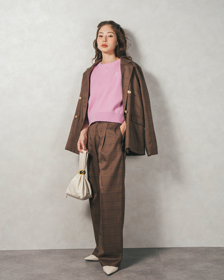 ［SET］スウェットライクロゴ刺繍ニット+Effortless チェックジャケット+Effortless チェックタックパンツ（3SET）