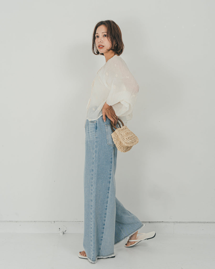 ［SET］フロントリボン刺繍 Veilブラウス + 10oz ニュアンスバイカラー リラックスワイドデニム（2SET）