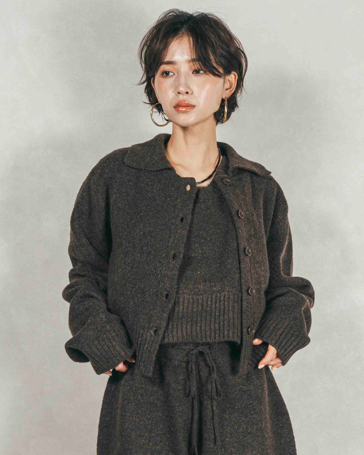 Cloudyメランジ襟付きカーディガン (BROWN)