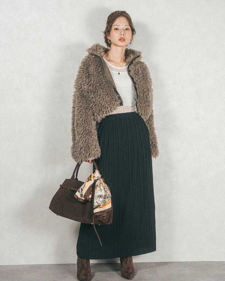 ［SET］プードルボアZipショートコート+プリーツNarrowロングスカート（2SET）