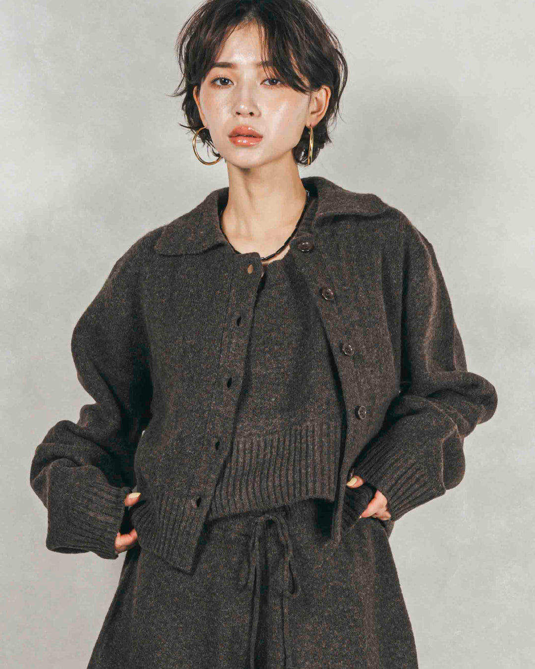 Cloudyメランジ襟付きカーディガン (BROWN)