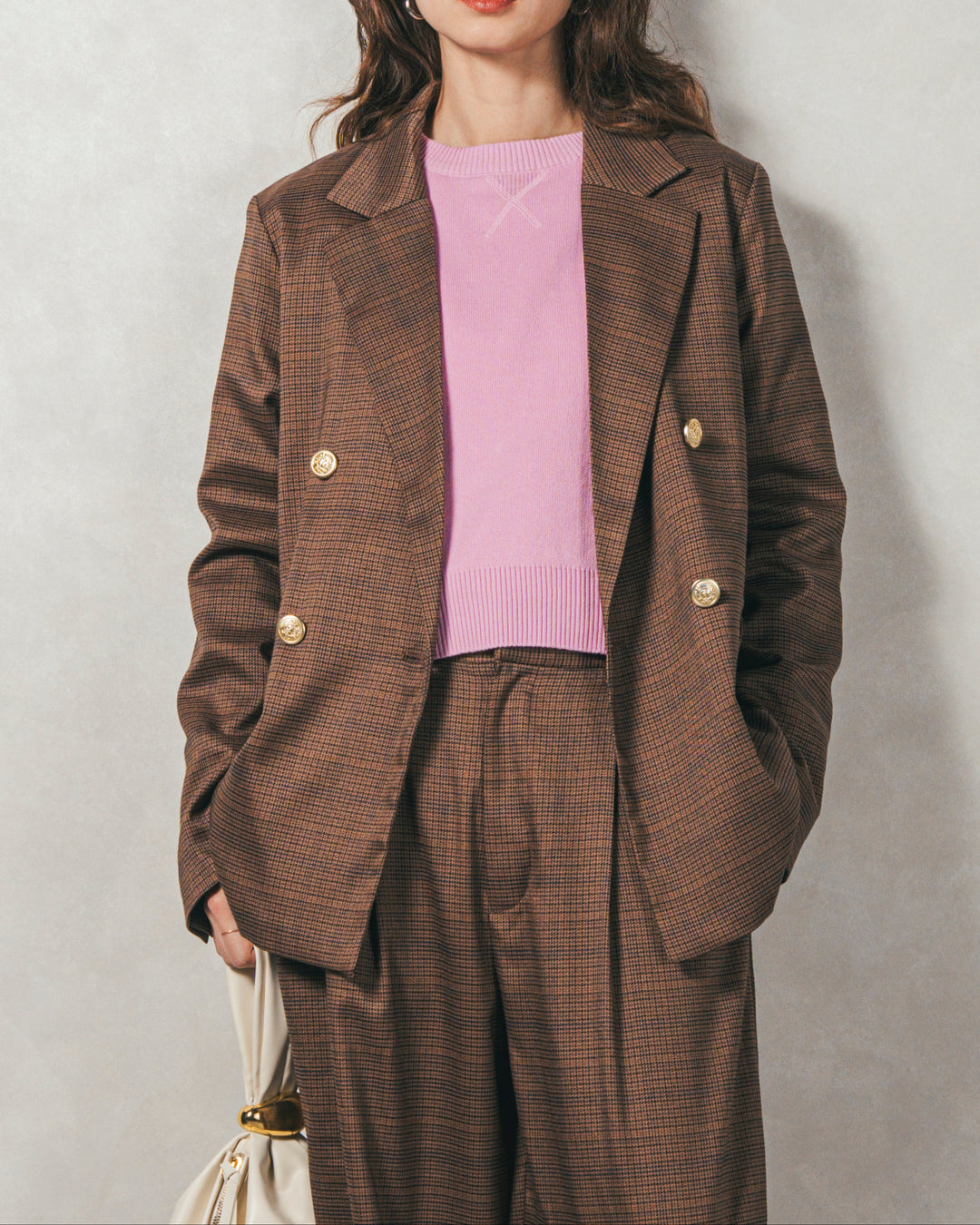 ［SET］スウェットライクロゴ刺繍ニット+Effortless チェックジャケット+Effortless チェックタックパンツ（3SET）