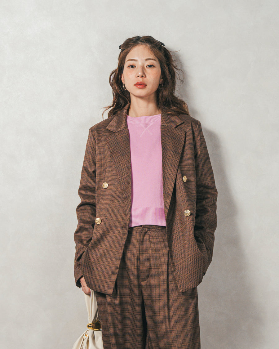 ［SET］スウェットライクロゴ刺繍ニット+Effortless チェックジャケット+Effortless チェックタックパンツ（3SET）