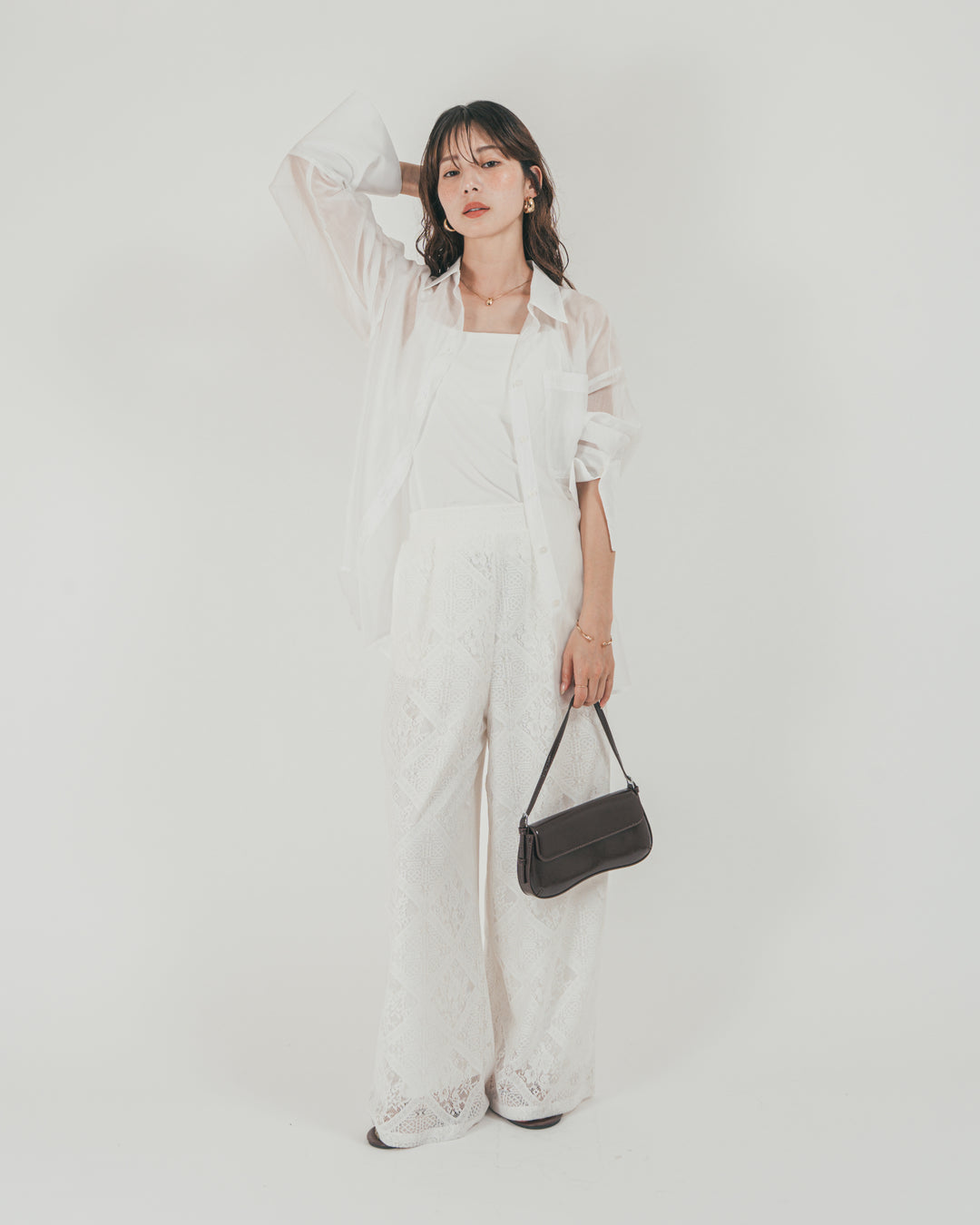 ［SET］Clear Sheer オーバーシャツ + Blockレース　ストレートパンツ（2SET）