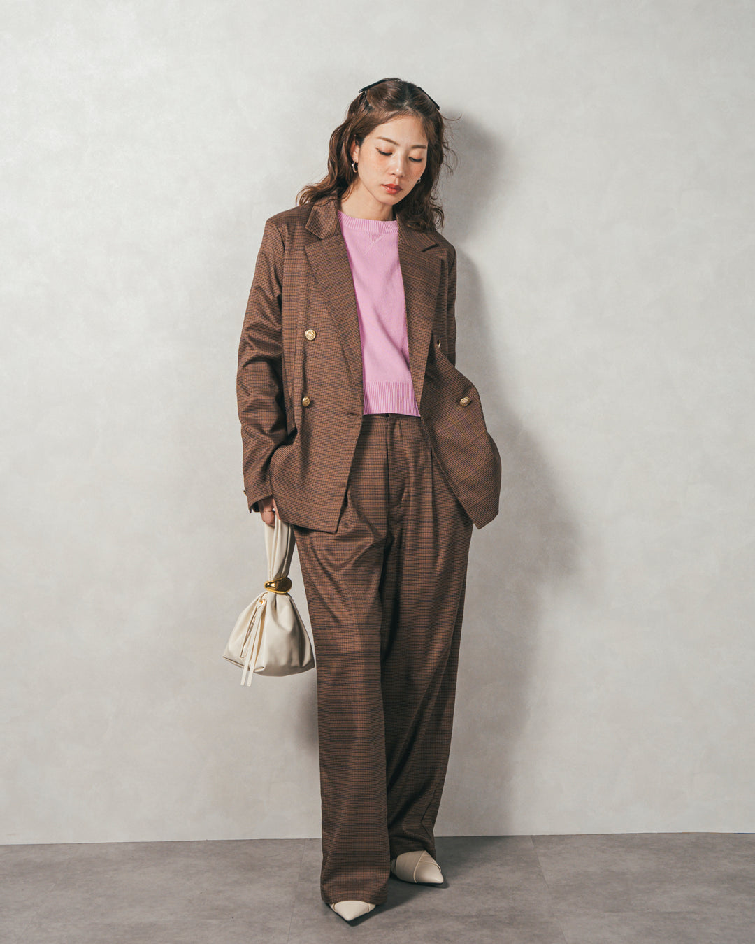 ［SET］スウェットライクロゴ刺繍ニット+Effortless チェックジャケット+Effortless チェックタックパンツ（3SET）