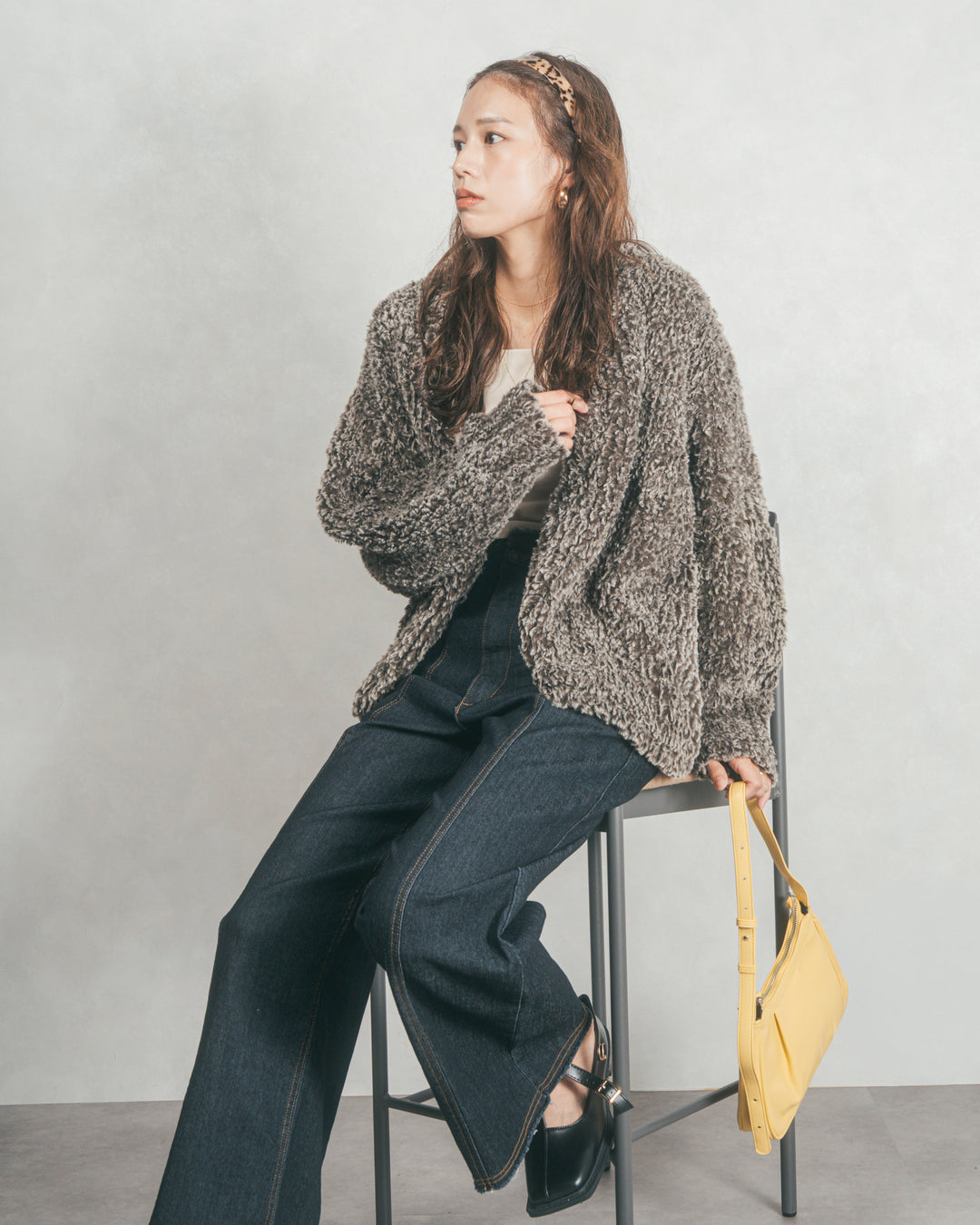 ［SET］ファーニットLuxeカーデコート+センターシーム リラックスワイドデニム（2SET）