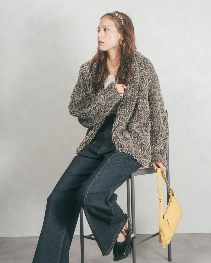 ［SET］ファーニットLuxeカーデコート+センターシーム リラックスワイドデニム（2SET）