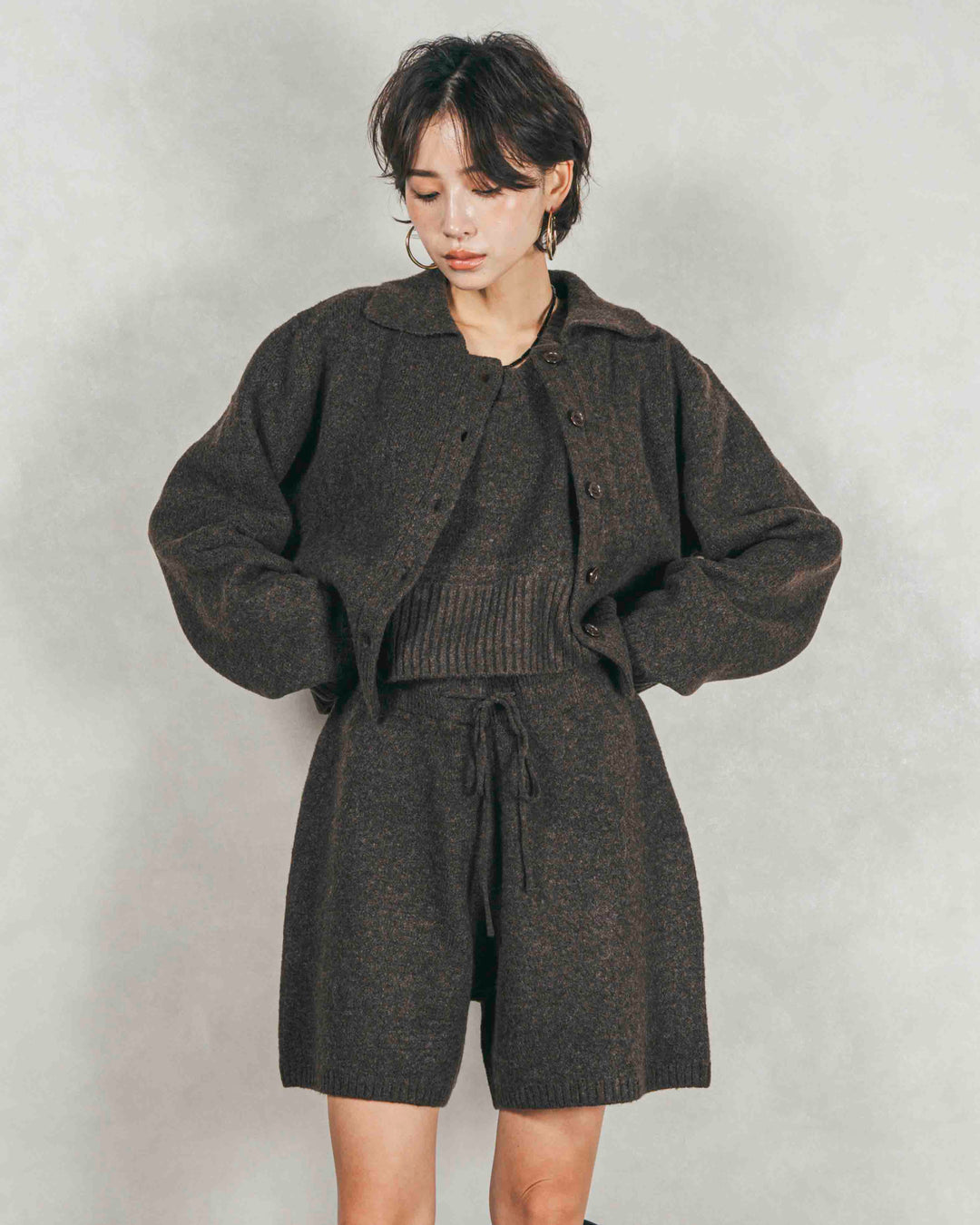 Cloudyメランジ襟付きカーディガン (BROWN)