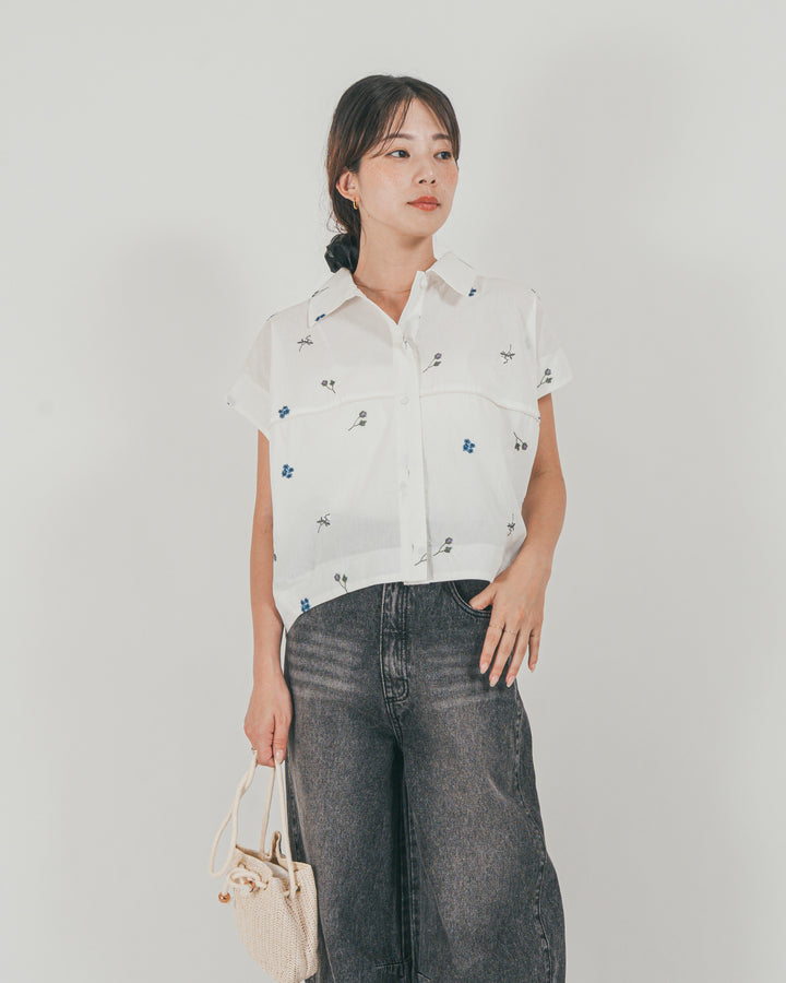 ［SET］Flower刺繍コクーンシャツ + ウエストデザイン カーブデニム（2SET）
