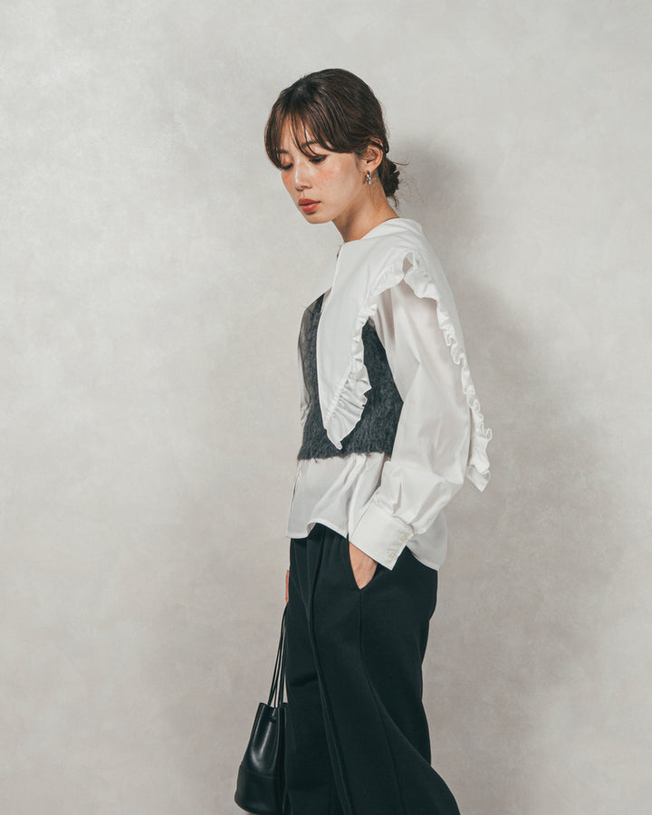 ［SET］2WAYビッグフリルカラーブラウス+モヘアタッチKnitビスチェ+2-Way ウェーブデザインスウェットパンツ（3SET）