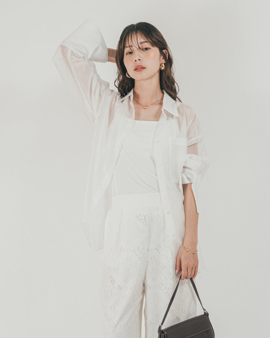 ［SET］Clear Sheer オーバーシャツ + Blockレース　ストレートパンツ（2SET）