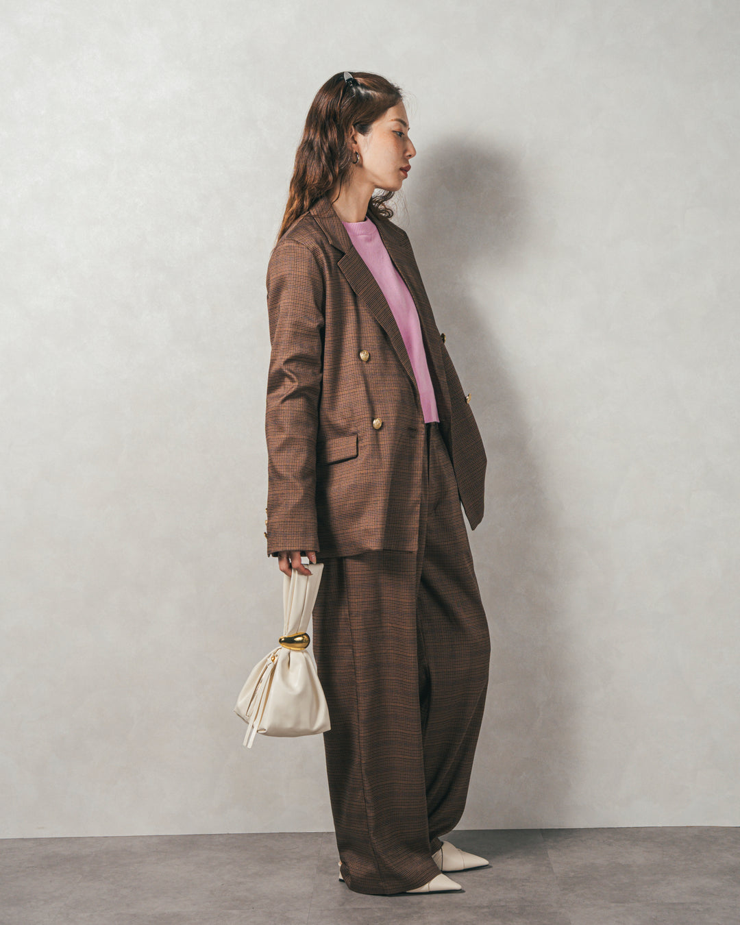 ［SET］スウェットライクロゴ刺繍ニット+Effortless チェックジャケット+Effortless チェックタックパンツ（3SET）