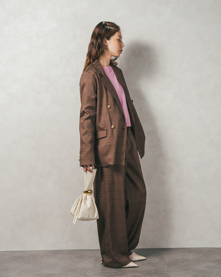 ［SET］スウェットライクロゴ刺繍ニット+Effortless チェックジャケット+Effortless チェックタックパンツ（3SET）