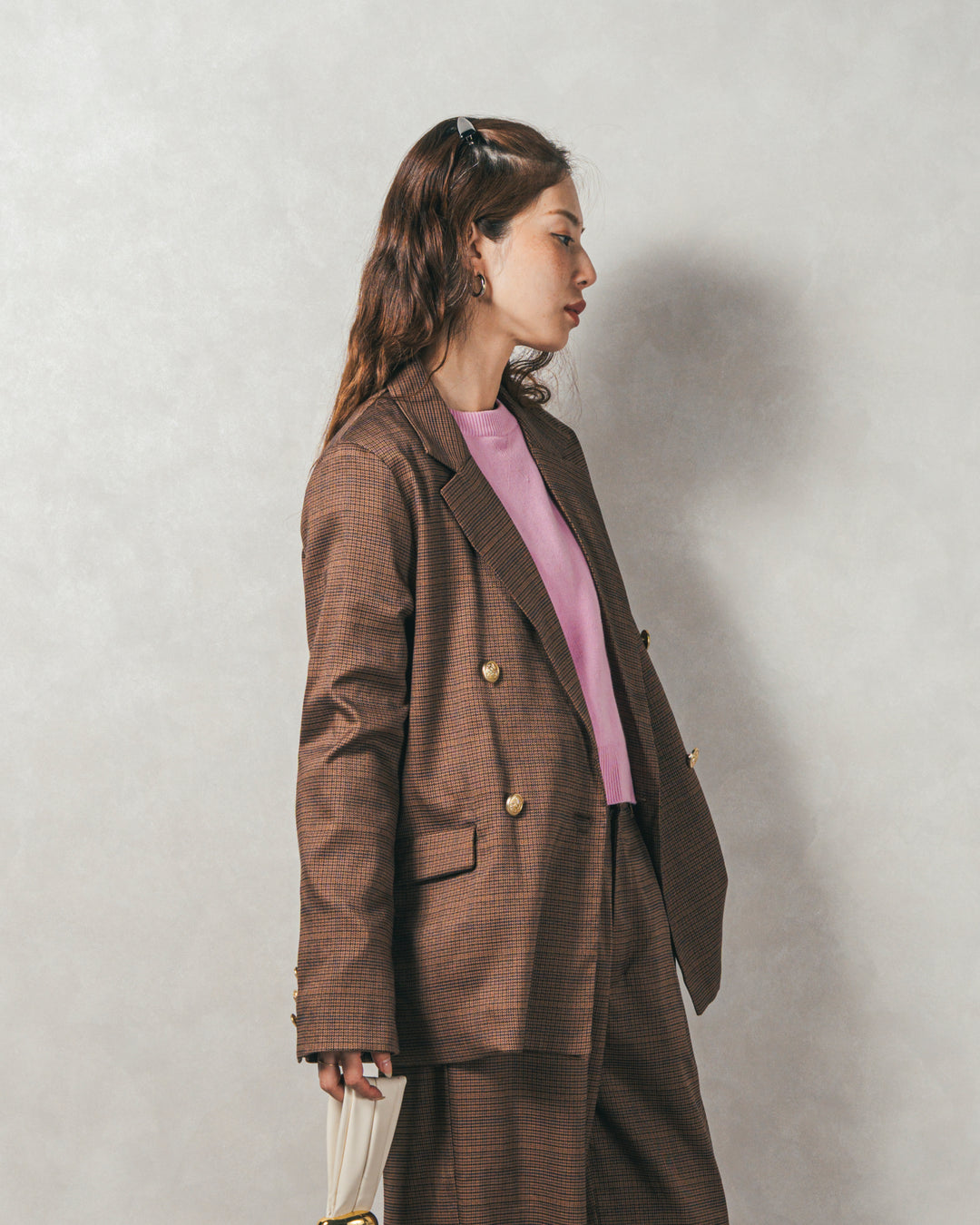 ［SET］スウェットライクロゴ刺繍ニット+Effortless チェックジャケット+Effortless チェックタックパンツ（3SET）