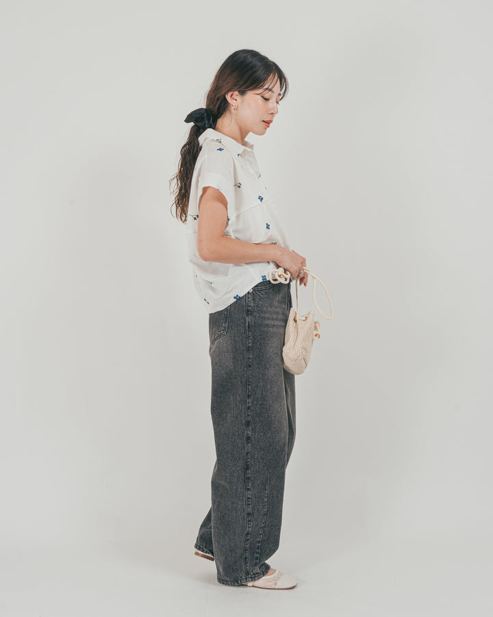 ［SET］Flower刺繍コクーンシャツ + ウエストデザイン カーブデニム（2SET）