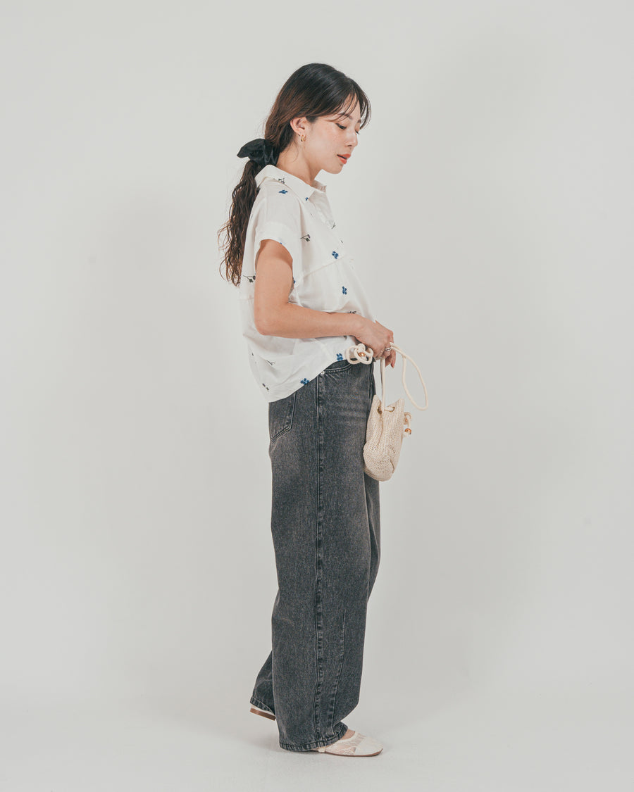［SET］Flower刺繍コクーンシャツ + ウエストデザイン カーブデニム（2SET）