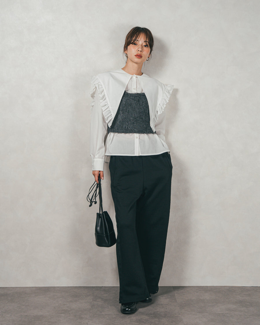 ［SET］2WAYビッグフリルカラーブラウス+モヘアタッチKnitビスチェ+2-Way ウェーブデザインスウェットパンツ（3SET）