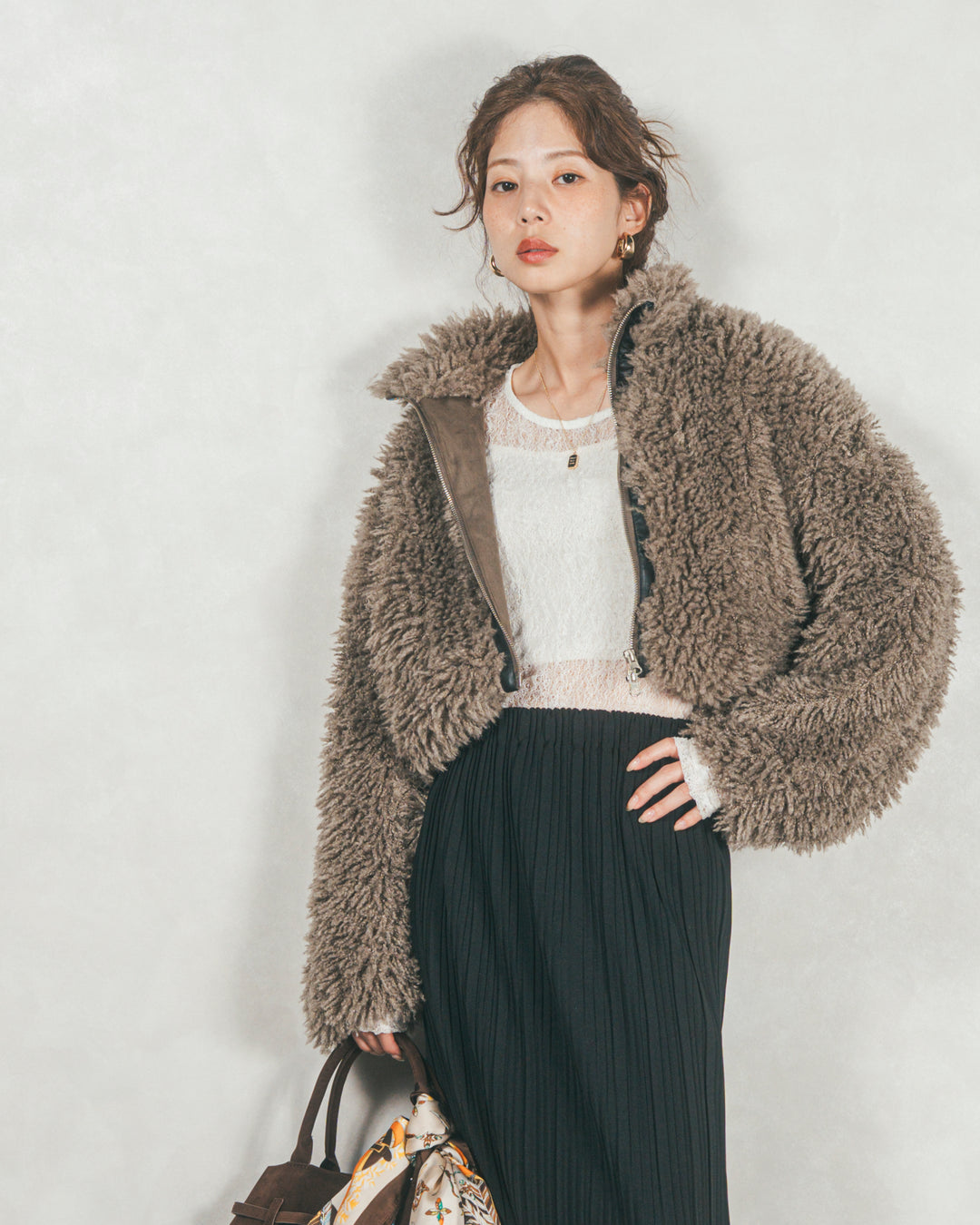 ［SET］プードルボアZipショートコート+プリーツNarrowロングスカート（2SET）