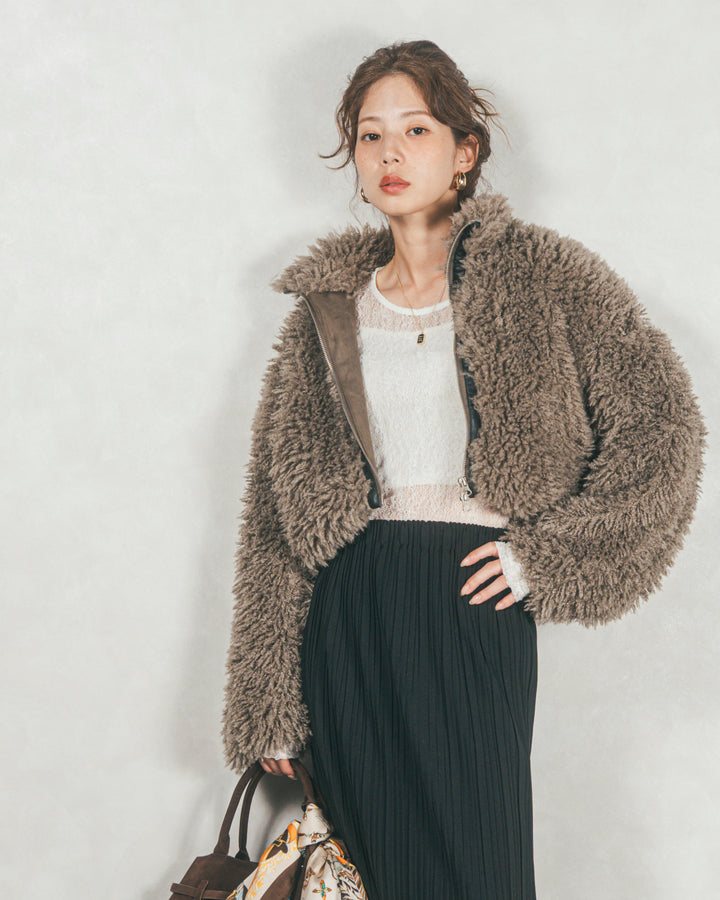 ［SET］プードルボアZipショートコート+プリーツNarrowロングスカート（2SET）