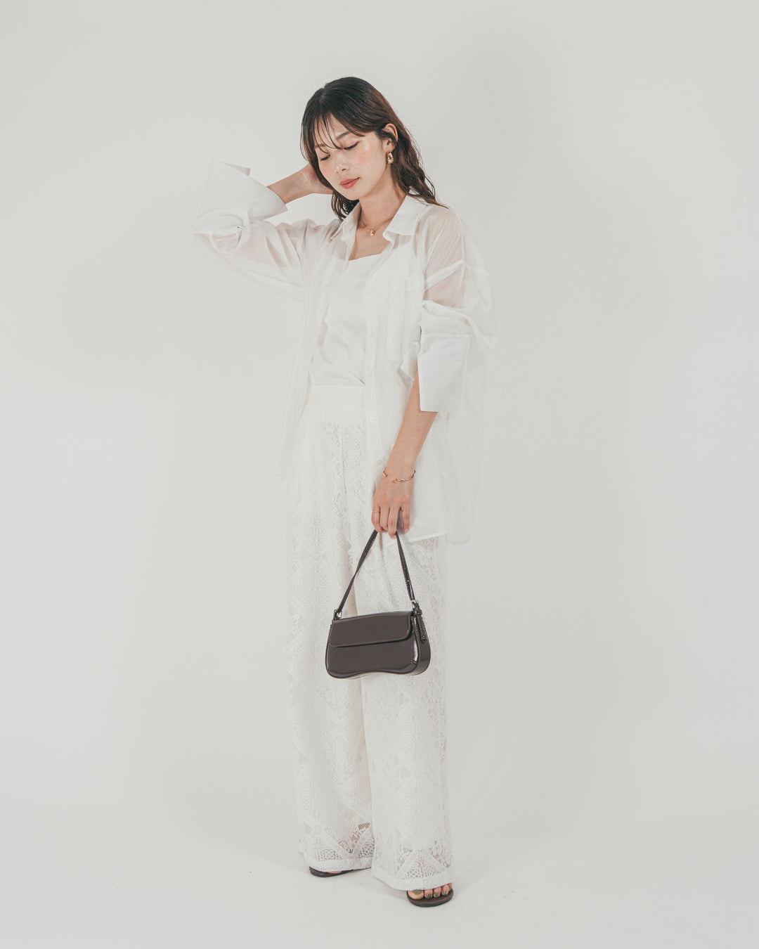 ［SET］Clear Sheer オーバーシャツ + Blockレース　ストレートパンツ（2SET）