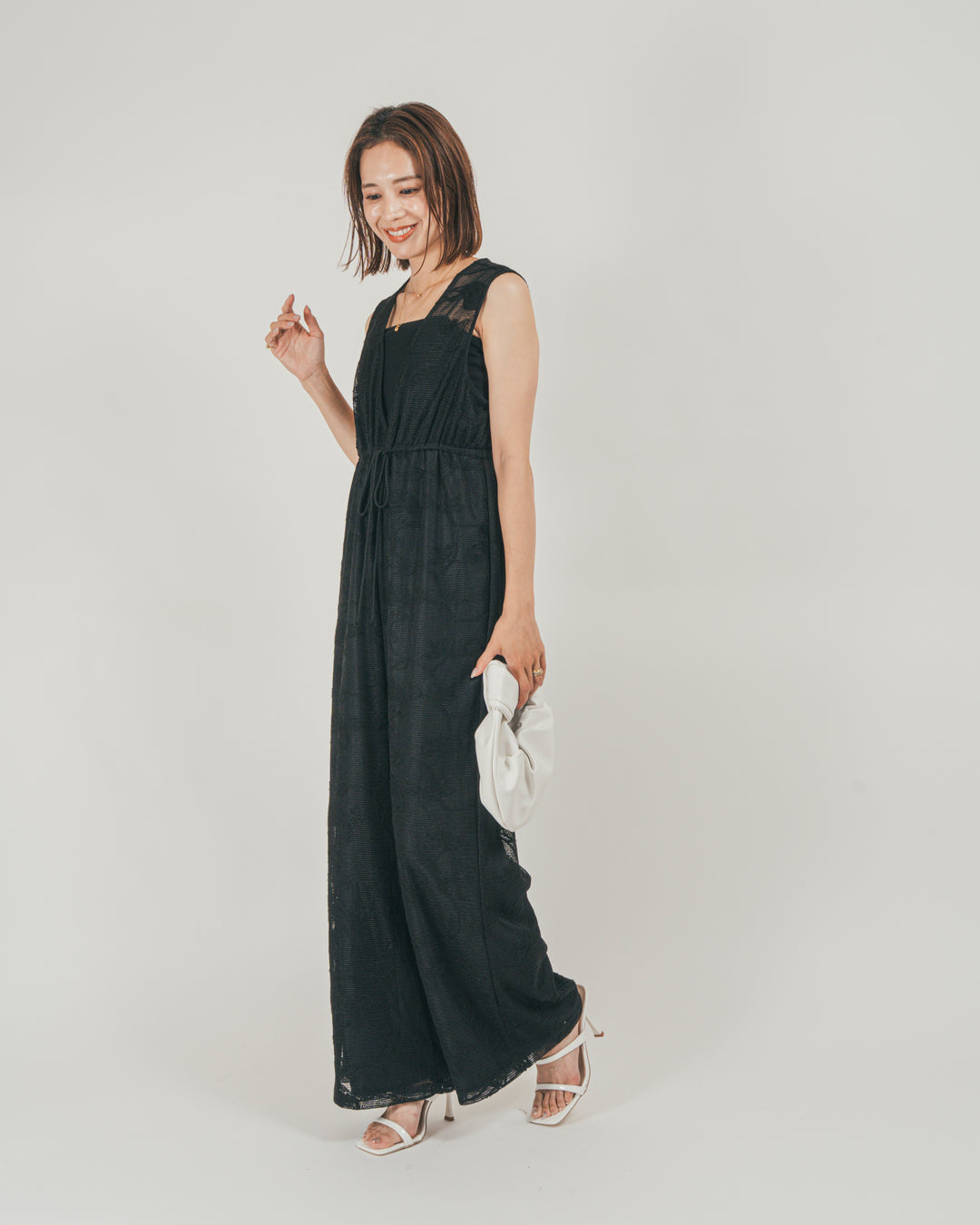 ［SET］ウエストリボン　レースサロペット + カップ付きカットリブキャミ（2SET）