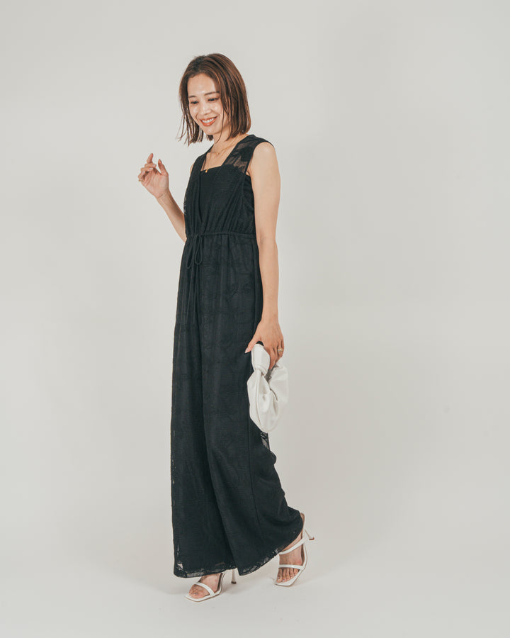 ［SET］ウエストリボン　レースサロペット + カップ付きカットリブキャミ（2SET）