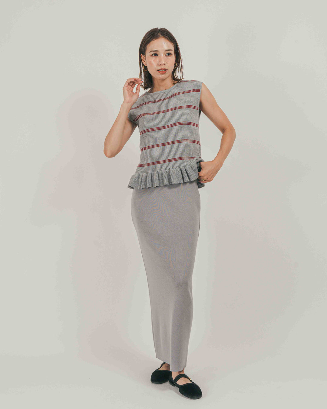 ［SET］Rib Border フリルニット + Relax Knit ストレートスカート（2SET）