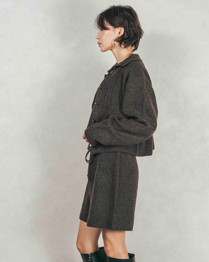 Cloudyメランジ襟付きカーディガン (BROWN)