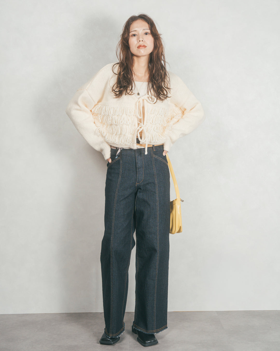 ［SET］ループ編みフリンジカーディガン+センターシーム リラックスワイドデニム（2SET）