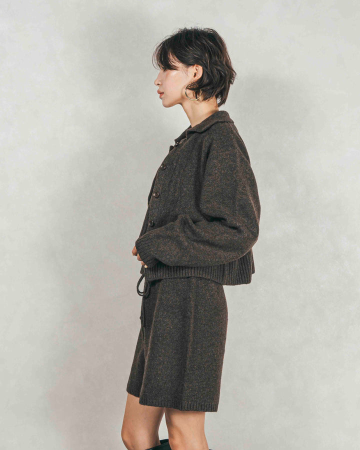 ［SET］Cloudyメランジ襟付きカーディガン+Cloudyメランジクロップドベスト+Cloudyメランジハーフパンツ（3SET）