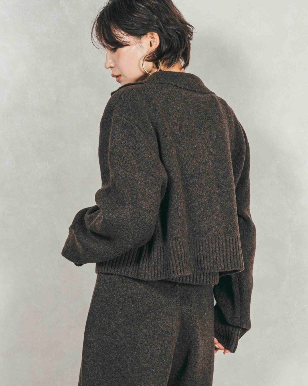 Cloudyメランジ襟付きカーディガン (BROWN)