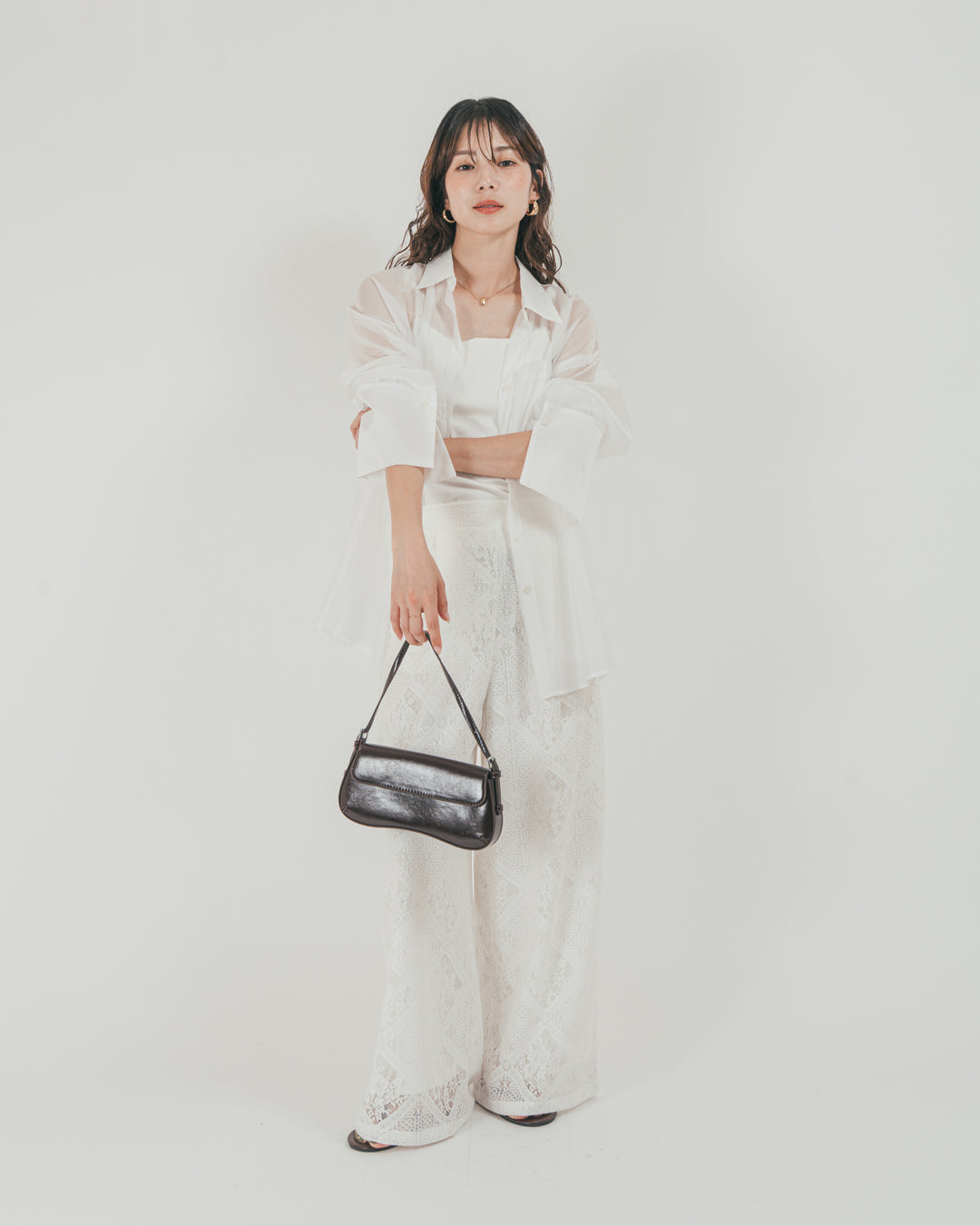 ［SET］Clear Sheer オーバーシャツ + Blockレース　ストレートパンツ（2SET）