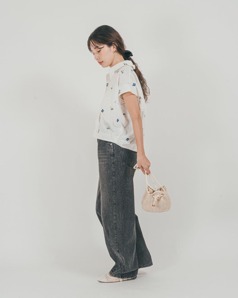 ［SET］Flower刺繍コクーンシャツ + ウエストデザイン カーブデニム（2SET）