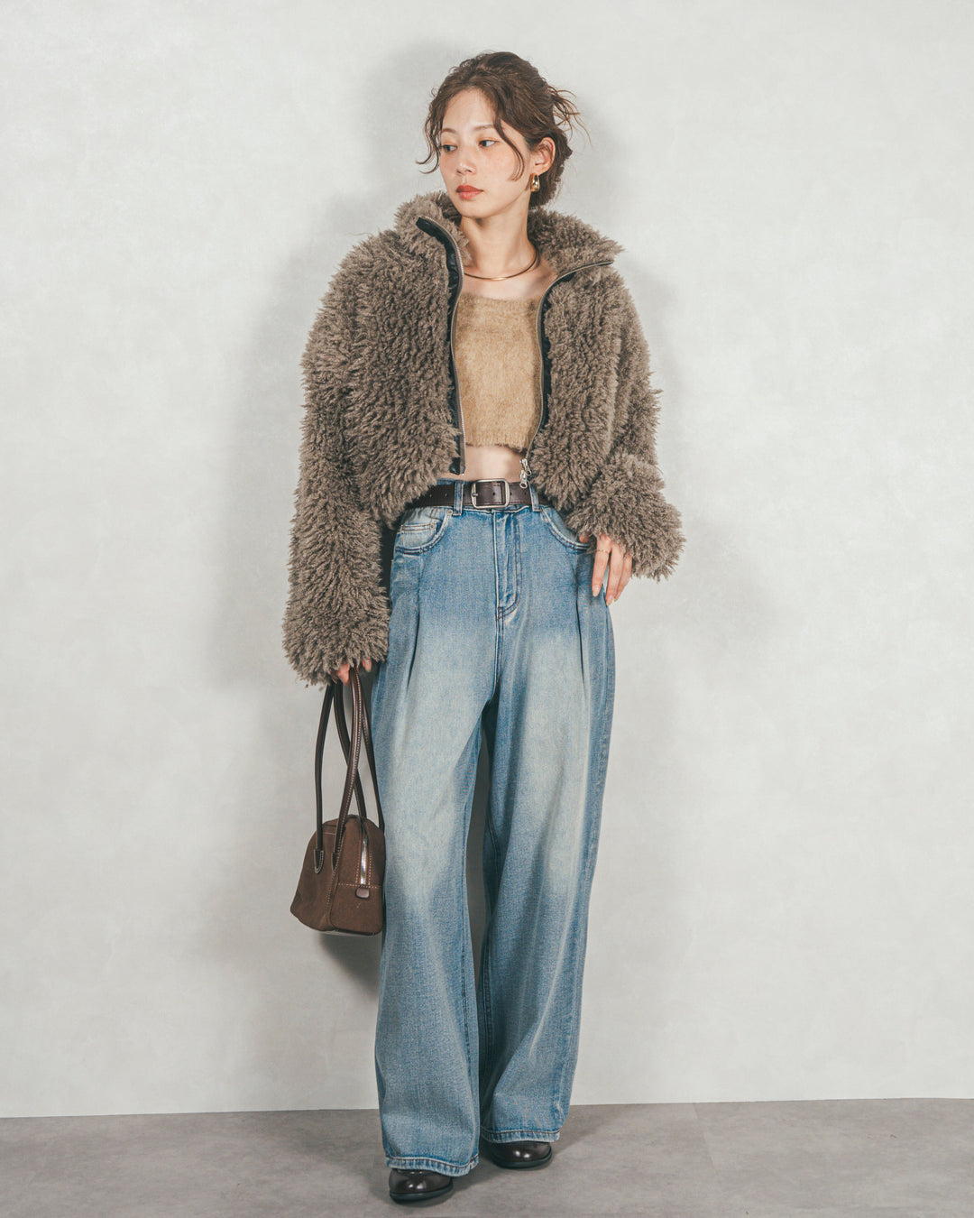 プードルボアZipショートコート (GREIGE)