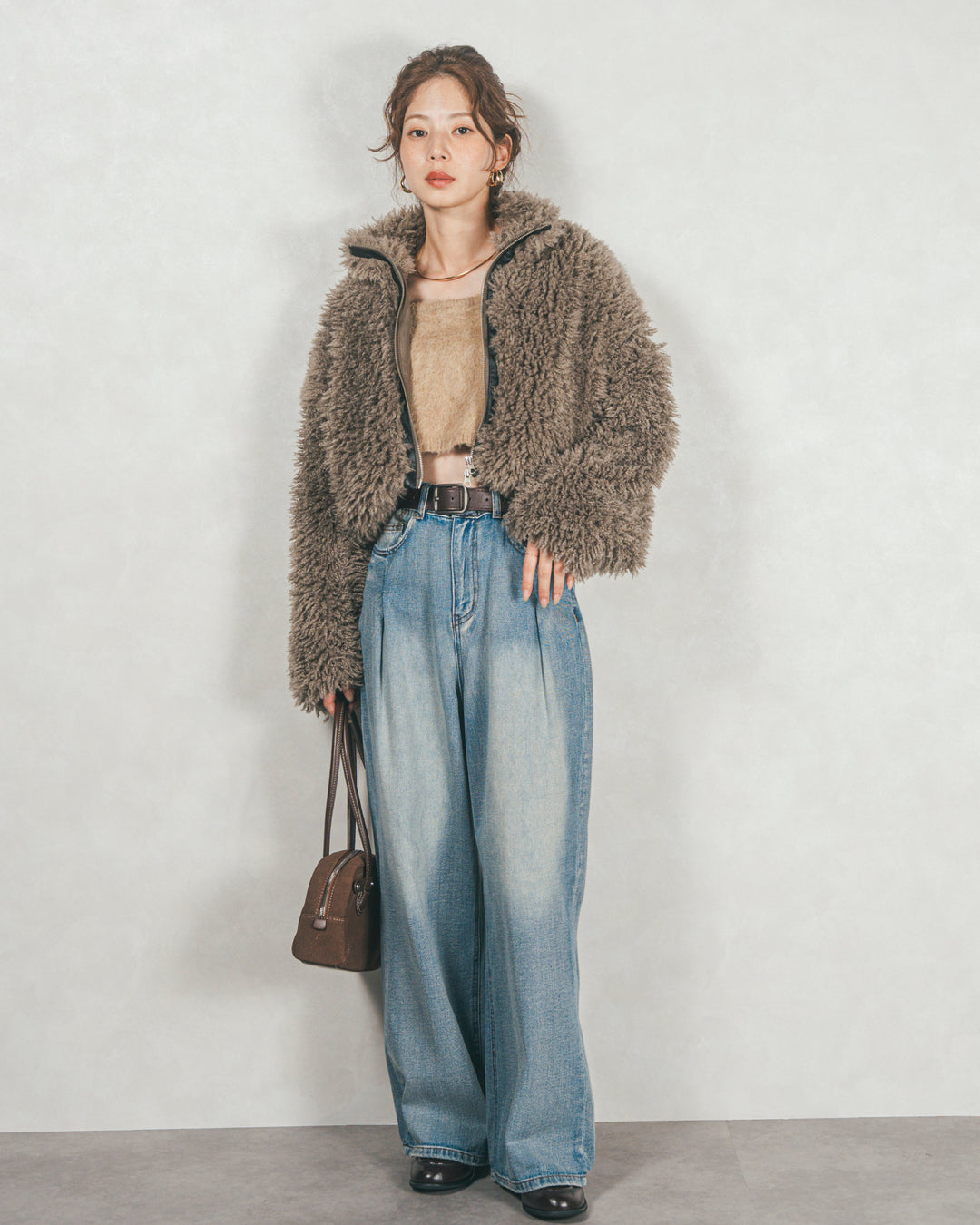 ［SET］プードルボアZipショートコート+ワイドTuckイージーデニム（2SET）