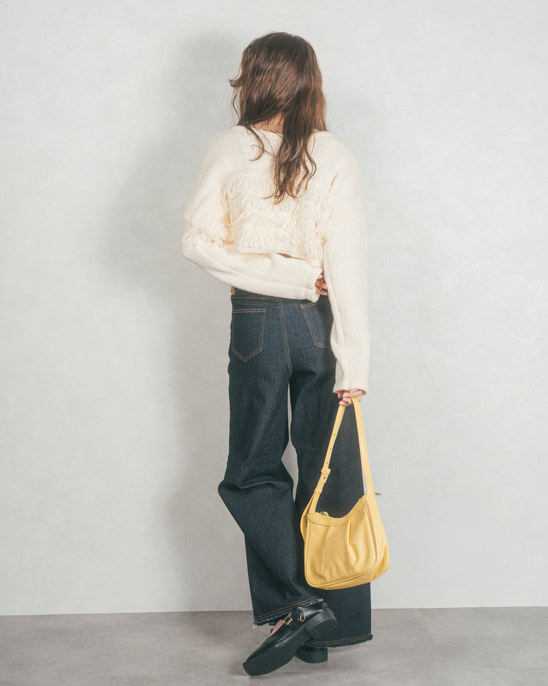 ［SET］ループ編みフリンジカーディガン+センターシーム リラックスワイドデニム（2SET）