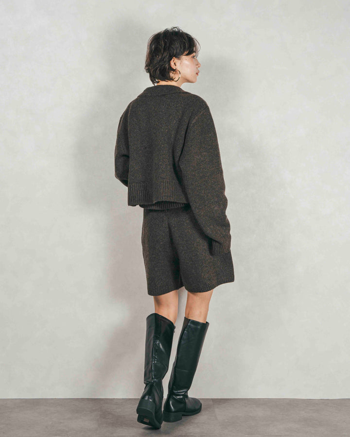 ［SET］Cloudyメランジ襟付きカーディガン+Cloudyメランジクロップドベスト+Cloudyメランジハーフパンツ（3SET）