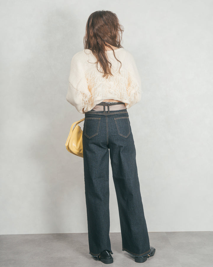 ［SET］ループ編みフリンジカーディガン+センターシーム リラックスワイドデニム（2SET）